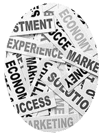 Oval shapped image with finance, marketing and investment themed signs